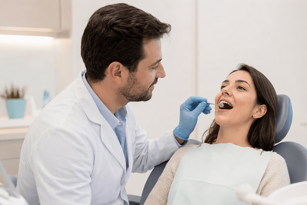 Dentist examining a patient for a possible cavity and dental filling in Woodbridge.