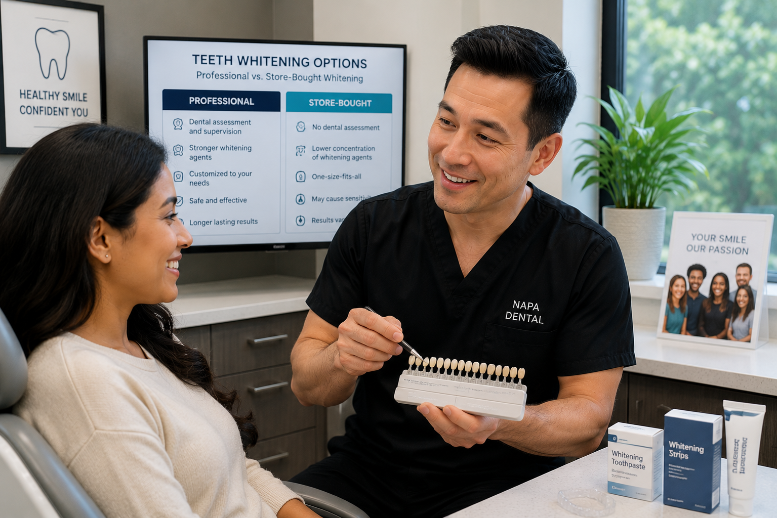 Dentist discussing professional and at-home teeth whitening options with a patient in Woodbridge.